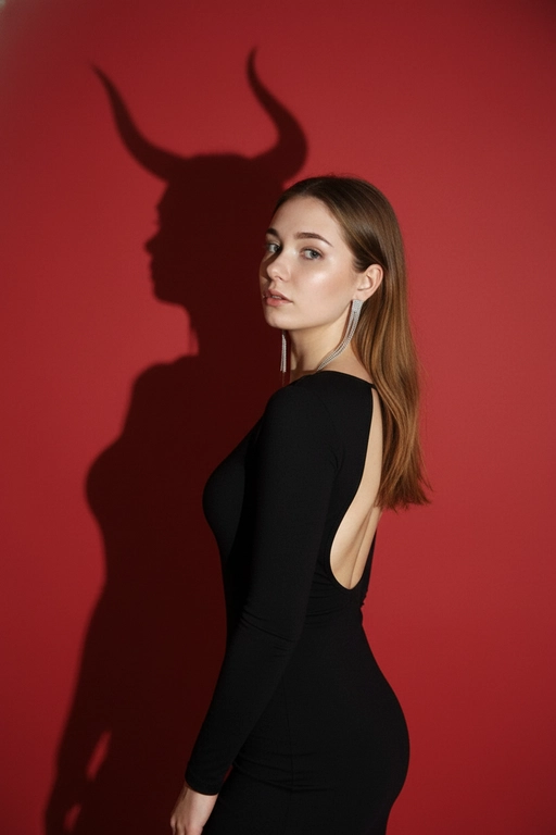 Средний портрет в профиль, девушка стоит боком к камере, лицо повернуто к зрителю. Позади на фоне четкая крупная тень, которая имеет силуэт девушки с рогами — визуальный акцент всей сцены. На девушке обтягивающие черное платье с длинными рукавами, глубокий вырез на спине. Макияж деликатный, акцент на губах и глазах, длинные волосы. Висят длинные серьги. Гладкий красный фон, на котором отбрасывается выразительная тень с большими изогнутыми рогами, как у быка или мифического существа. Окружение минималистичное, ничего лишнего — только девушка и её необычная тень. Важно: не изменять лицо.
