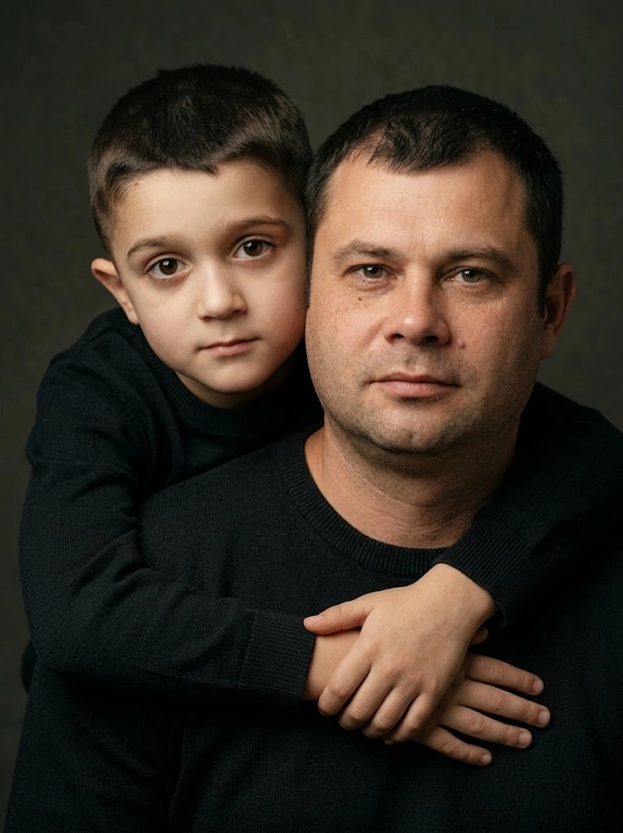 Создай портретный студийный кадр из фотосессии отца и сына. Сын обнимает отца сзади, лежа подбородком на его плече, руки мягко сомкнуты на груди мужчины. Оба смотрят прямо в камеру. Естественные спокойные эмоции, лёгкая серьёзность во взгляде.
Одежда — однотонные чёрные лонгсливы или свитера без принтов. Тёмный нейтральный фон (глубокий серо-оливковый или графитовый). Мягкий направленный студийный свет с лёгкой теневой глубиной, акцент на лицах, тёплая естественная цветокоррекция, высокая детализация кожи, натуральная текстура без излишней ретуши.
Кадр — крупный или средний план, плотная композиция, лица расположены близко друг к другу. Атмосфера — тёплая, камерная, эмоциональная, ощущение близости и доверия. Профессиональная съёмка, 85mm lens, shallow depth of field, cinematic portrait, ultra realistic.