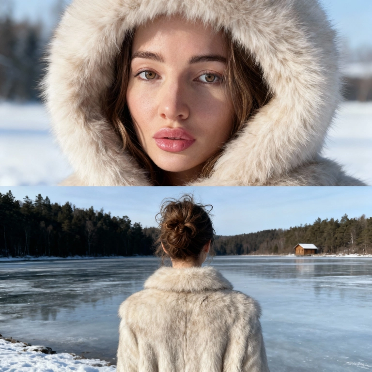 Создай коллаж не меняя черты лица. Верхний кадр (Крупный план лица в капюшоне): Детальный, крупный, чувственный портрет молодой женщины, снятый с очень близкого расстояния. Мое лицо обрамлено меховым  капюшоном светлого цвета. Фон зимний. У меня натуральный, свежий макияж (румянец, блеск для губ). Выражение лица, спокойное, взгляд в камеру. Стиль: кинематографическое качество, глянцевая фэшн-фотография, гиперреализм, мягкое, естественное, зимнее освещение. Нижний кадр (Спиной к озеру): Я в светлой меховой шубе, стою спиной к камере. У меня собраны волосы в небрежный пучок, снизу. я стою на краю, покрытого льдом озера. на горизонте видно несколько темных деревьев и небольшой деревянный домик. Стиль: портрет по пояс, пейзажная фотография, зимний романтизм, кинематографический кадр, естественное дневное освещение. Профессиональная студийная/журнальная съемка, идеальный свет, качество 8К.