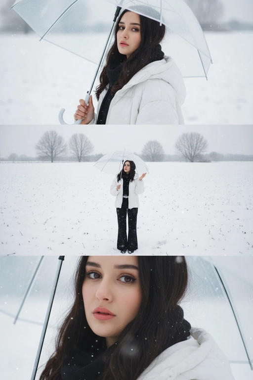 Создай вертикальный кадр, разделённый на три горизонтальных изображения одинакового размера, расположенных рядом. Главный персонаж основан на референсном лице, причёске и фигуре: фигура с выражением грусти и ностальгии, с глубокими глазами, излучающими одиночество. Наряд представляет собой свободный белый зимний пуховик, широкие брюки и чёрный шарф. Общая атмосфера утопает в белом снеге, холодная цветовая палитра навевает меланхолию и одиночество. Изображение 1 (портрет): Персонаж держит прозрачный зонт, слегка откинув голову назад и глядя прямо в кадр через плечо. Выражение лица печальное, взгляд проникновенный. Фон размыт снежной белизной. Изображение 2 (в полный рост): Персонаж с зонтом стоит один на бескрайнем заснеженном поле, идя и глядя в небо. Камера направлена ​​сверху вниз, как будто персонаж поднимает руку, чтобы поймать падающие снежинки. Вдали виднеются несколько голых деревьев без листьев. Сцена передаёт ощущение ничтожности и изолированности на фоне бескрайности природы. Изображение 3 (крупный план): Увеличенный кадр глаз персонажа с отстранённым, печальным взглядом, вызывающим чувство одиночества и тоски.