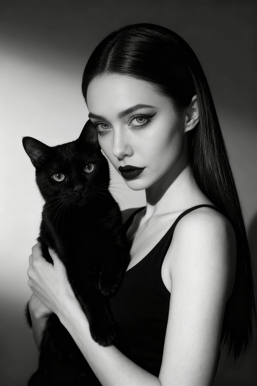 Высококонтрастный черно-белый портрет женщины в черной водолазке, держащей чёрную кошку у лица. Композиция напряжённая и интимная: оба персонажа смотрят прямо в камеру с одинаковой интенсивностью. Яркое и направленное освещение создаёт глубокие тени и подчёркивает контраст между их бледной кожей и тёмной шерстью кошки. Выражение её лица спокойное и уверенное, глаза подведены чётко, а гладкие прямые волосы естественно ниспадают на одно плечо. Фон - градиент от серого к темно-серому. Общее настроение таинственное, элегантное и кинематографичное, напоминающее портрет из модного журнала с готическим подтекстом.