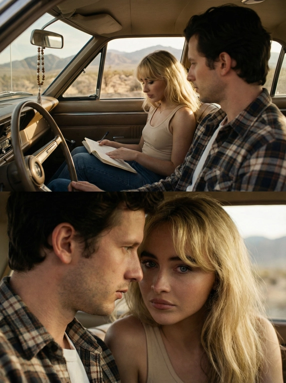   Два кадра из фильма, снятые внутри автомобиля. На первом кадре видна часть мужчины за рулем, одет в клетчатую рубашку. Рядом с ним сидит женщина и держит в руках открытый блокнот. Она одета в светлую майку. На заднем плане видны горы, видимые через лобовое стекло. С зеркала заднего вида свисает украшение.

Второй кадр - крупный план, где видно лица мужчины и женщины. Он смотрит на нее, она смотрит в камеру. Обстановка и стиль соответствуют жанру роуд-муви, цветовая гамма приглушенная, преобладают теплые оттенки. Атмосфера напряженная и интимная.
