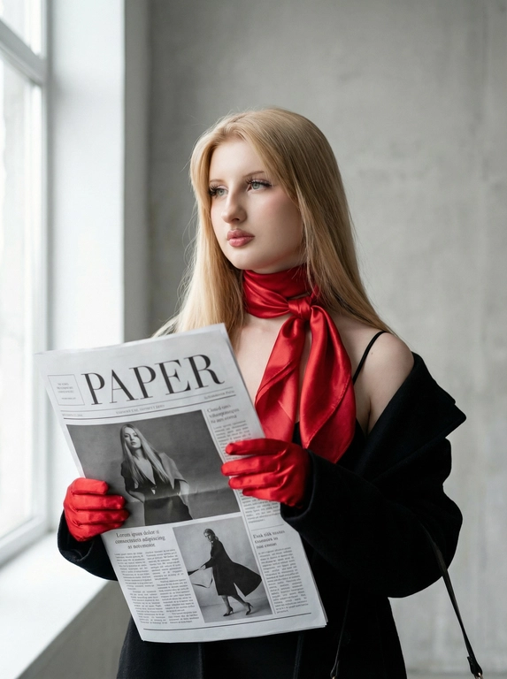   Высокомодный редакционный портрет женщины в минималистской студии: она одета в глянцевый красный шелковый платок и соответствующие красные атласные перчатки, черное пальто, задрапированное тонким ремешком, держа в руках большую монохромную модную газету под названием «PAPER». Сильный цветовой контраст — яркий красный на матовом черном фоне и мягком нейтральном фоне. Мягкое, направленное студийное освещение сверху слева, создающее нежные тени и шелковистые блики на ткани, неглубокая глубина резкости, кинематографический, фотореалистичный, высокое разрешение, тонкая зернистость пленки, элегантная композиция, со вкусом винтажно-современный гламур».
