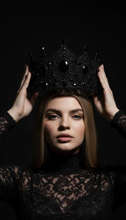 Модный портрет женщины крупным планом, стоящей прямо перед камерой, со слегка приподнятым подбородком. Она держит двумя руками почти над головой искусно выполненную корону с богатым филигранным орнаментом и крупными сверкающими драгоценными камнями. Корона находится в резком фокусе, отбрасывая тень на лицо. Освещение падает сверху, подчёркивая корону и создавая драматичный, контрастный эффект. Тёмная тень на лице усиливает ощущение таинственности и элегантности. Её платье – из тонкого чёрного кружева с высоким воротом. Фон темный, усиливая драматизм. Корона черного цвета.
