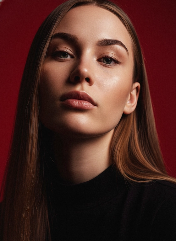 Создай портрет, используя те же черты лица (на основе загруженного фото), характеризующийся резким кинематографическим освещением и интенсивным контрастом. Снятый с немного нижнего ракурса, направленного вверх, что подчеркивает линию подбородка и шеи модели, этот портрет производит впечатление доминантности и скульптурной элегантности. Фон — глубокий, насыщенный малиново-красный, создающий яркий визуальный контраст со сияющей кожей модели и темной одеждой.