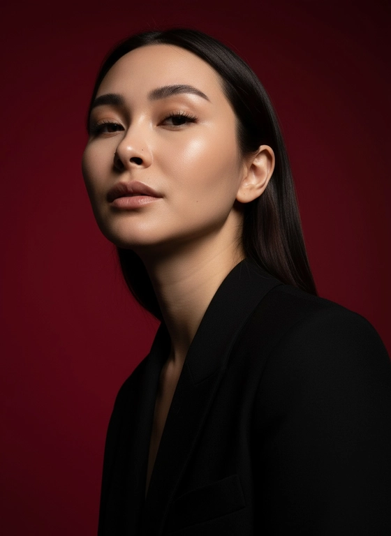 Создай портрет, используя те же черты лица (на основе загруженного фото), характеризующийся резким кинематографическим освещением и интенсивным контрастом. Снятый с немного нижнего ракурса, направленного вверх, что подчеркивает линию подбородка и шеи модели, этот портрет производит впечатление доминантности и скульптурной элегантности. Фон — глубокий, насыщенный малиново-красный, создающий яркий визуальный контраст со сияющей кожей модели и темной одеждой.