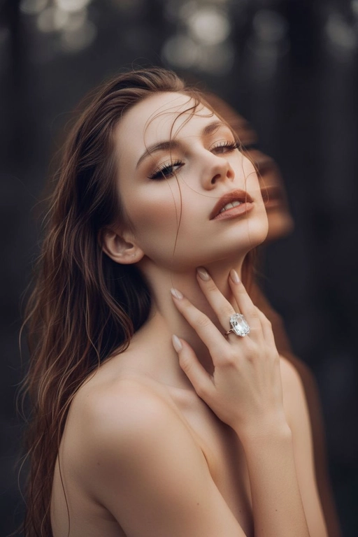 Создайте портрет женщины с длинными, волнистыми, влажными волосами, свободно ниспадающими на плечи, некоторые пряди прилипают к лицу. Она чувственно смотрит в камеру, слегка откинув голову назад, словно наслаждаясь мгновением покоя или чувственности. Её рука нежно лежит на шее, на пальце – эффектное сверкающее кольцо. Плечи опущены. Тёмный, почти однотонный и размытый фон подчёркивает силуэт и лицо женщины. Весь образ мастерски передан с помощью размытия в движении и световых бликов, которые создают ощущение естественного, сказочного движения головы и руки. Мягкие, тёплые тона, лёгкое свечение кожи и губ создают интимную, чувственную и таинственную атмосферу. Эффекты: размытие в движении, художественная длительная выдержка, тёплые тона, атмосфера сновидения. Макияж выразительный: длинные чёрные ресницы, бежевые тени с лёгким мерцанием, выразительные контуры и румяна, безупречная кожа и пухлые губы с нюдовым блеском и тёмно-коричневым карандашом для губ. Ухоженные брови с эффектом Bravenlifting. Длинные, заостренные ногти. Реалистичное фото, как будто снято на профессиональную камеру. Сохраните черты лица такими, какие они есть.