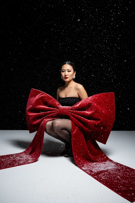 Создай изображение не меняя черты лица. Студийный портрет в стиле рождественской/новогодней модной кампании. Я в элегантной, присевшей позе, взгляд сфокусирован прямо в камеру. Огромный, гипертрофированно большой, роскошный бант из красного бархата, который обернут вокруг тела модели как кутюрный элемент одежды  с очень длинными, широкими ниспадающими концами, которые тянутся по полу. Бант и белый пол покрыты имитацией снега. Минималистичный черный топ без бретелей (bandeau) ,темные, полупрозрачные колготки, черные босоножки с открытым носом, на среднем каблуке. Гладко зачесанные назад волосы. Классический, выразительный макияж: яркая алая помада, четкие черные стрелки, хайлайтер. В ушах крупные, блестящие серьги-гвоздики.

Драматичное, контрастное студийное освещение (split lighting). Ярко освещенный белый пол/поверхность. Фон — глубокий черный, с эффектом динамично падающего яркого снега (snow dust effect).Фотография в высоком разрешении, гиперреализм, кинематографическое качество, профессиональный editorial-снимок для обложки Vogue, снято на камеру Hasselblad.