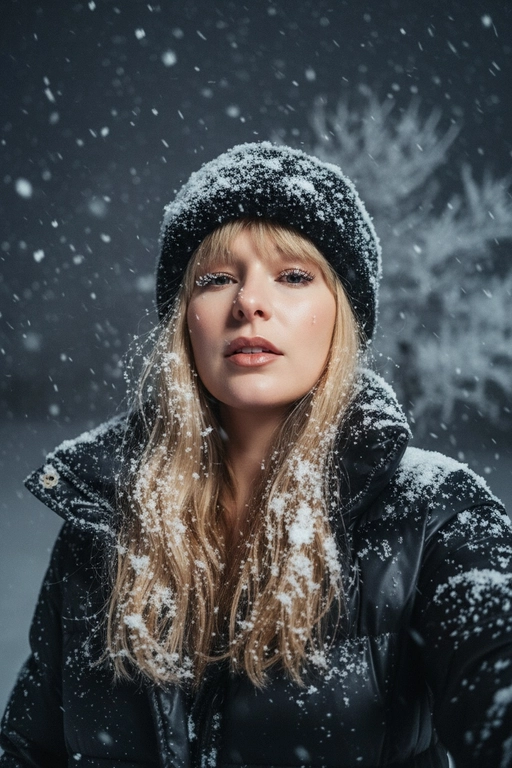 Селфи крупным планом, сделанное ночью на улице во время сильного снегопада. У женщины выразительные волосы и выразительные глаза, на ресницах и волосах которой лежат снежинки. На ней зимняя шапка из искусственного меха, почти полностью покрытая снегом, и пуховая куртка, припорошённая снегом на плечах и воротнике.
Освещение: мягкий холодный ночной свет сверху и немного спереди, создающий лёгкое свечение на щеках и лёгкие блики на куртке.
Поза: она держит камеру чуть ниже уровня глаз, уверенно снимая своё лицо снизу вверх; губы слегка приоткрыты, выражение лица спокойное, но выразительное. Фон: тёмное зимнее ночное небо, едва заметные ветви деревьев, слегка покрытые инеем, минимальная видимость для создания драматического настроения. Атмосфера: холодная, кинематографичная, с чистой зимней энергией; стильный современный снежный портрет с естественной текстурой и деталями. Шапка и куртка черного цвета.