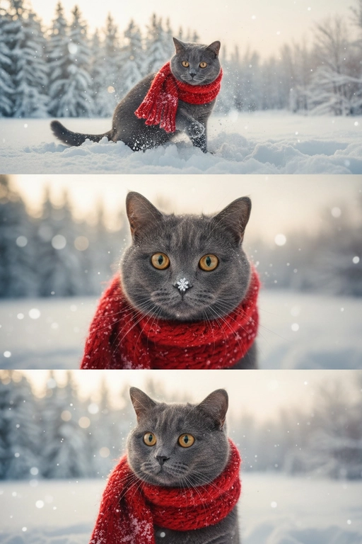     Коллаж из 3-Х фото моего питомца на зимнем фоне в снегу. Питомец в вязаном шарфе, вокруг падает снег, на заднем плане заснеженный лес.

Первый кадр — питомец в полный рост. Он играется со снегом 

Второй кадр — крупный план, увеличенный кадр мордочки питомца с одной снежинкой на носике. Мордочка питомца занимает весь кадр, взгляд прямо в камеру 
 
Третий кадр - портрет питомца, он смотрит в левую сторону. На фото виден шарф, на шарфу есть снежинки 

Три кадра объединены в вертикальный коллаж в едином тоне и свете. Атмосфера — реалистичная, теплая и немного кинематографичная.
Свет мягкий, утренний.  Цвет шарфа - красный 