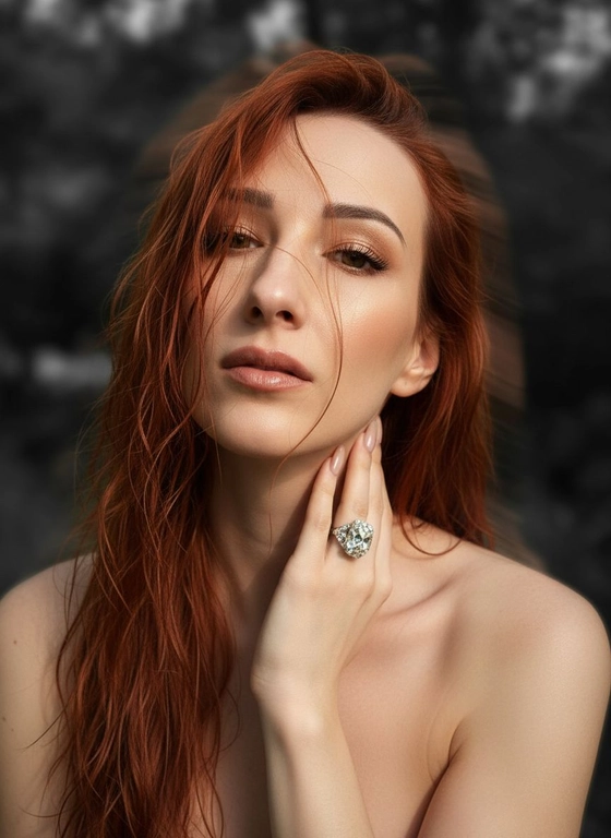 Создайте портрет женщины с длинными, волнистыми, влажными волосами, свободно ниспадающими на плечи, некоторые пряди прилипают к лицу. Она чувственно смотрит в камеру, слегка откинув голову назад, словно наслаждаясь мгновением покоя или чувственности. Её рука нежно лежит на шее, на пальце – эффектное сверкающее кольцо. Плечи опущены. Тёмный, почти однотонный и размытый фон подчёркивает силуэт и лицо женщины. Весь образ мастерски передан с помощью размытия в движении и световых бликов, которые создают ощущение естественного, сказочного движения головы и руки. Мягкие, тёплые тона, лёгкое свечение кожи и губ создают интимную, чувственную и таинственную атмосферу. Эффекты: размытие в движении, художественная длительная выдержка, тёплые тона, атмосфера сновидения. Макияж выразительный: длинные чёрные ресницы, бежевые тени с лёгким мерцанием, выразительные контуры и румяна, безупречная кожа и пухлые губы с нюдовым блеском и тёмно-коричневым карандашом для губ. Ухоженные брови с эффектом Bravenlifting. Длинные, заостренные ногти. Реалистичное фото, как будто снято на профессиональную камеру. Сохраните черты лица такими, какие они есть.