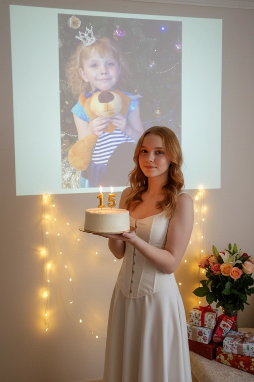 Создай ультрареалистичное фото, сделанное на камеру телефона в комнате, где изображен человек, который держит бенто торт с горящими золотыми свечами. В качестве фона на однотонную стену проецируется фотография из детства. Спроецированное фото занимает большую часть фона. Сочетание образов взрослого человека и ребёнка на фоне создаёт тёплую, ностальгическую атмосферу, подчеркивая связь между прошлым и настоящим. На стене висят гирлянды, рядом со стеной виднеются подарки и букет цветов. Снимок выглядит очень стильным и продуманным, присутствует ощущение праздника и воспоминаний. Не меняй внешность, полностью сохрани черты лица. Свечи на торте в форме числа 15. Женщина одета в молочное корсетное платье.