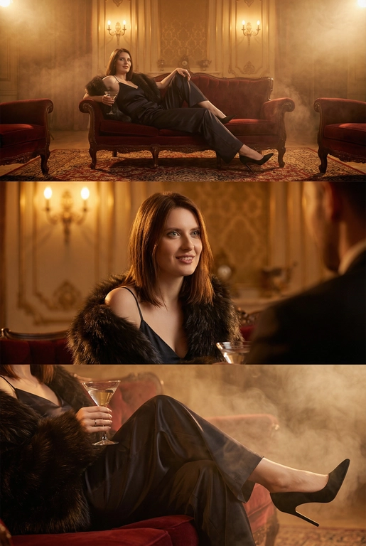 Создай кинематографичный коллаж формата 2:3, состоящий из трёх горизонтальных кадров, расположенных друг под другом. Атмосфера — роскошный барочный гостиничный холл, тёплый янтарный свет, мягкая дымка, винтажные бра, позолоченные панели, бархатная мебель. Женщина с харизмой жены мафии в тёмном атласном комбинезоне на бретелях и роскошном меховом палантине.

Кадр 1 (верхний): широкий план. Женщина расслабленно лежит на бархатном диване, одна нога вытянута, чёрные острые шпильки упираются в ковёр. В руке — бокал мартини. Комната наполнена дымом и тёплым светом.

Кадр 2 (средний): средний портрет. Она слегка улыбается, общаясь с кем-то за кадром. Свет подчёркивает её волосы и мех на плечах. Атмосфера интимная и тёплая.

Кадр 3 (нижний): крупный акцент на детали. Её рука с бокалом, текстура мехового палантина, атлас комбинезона, изящный изгиб ноги в чёрных шпильках, дымка вокруг.

Стиль: кинематографичный, дымный, атмосферный, глубокие тени, мягкие блики, богатые текстуры, настроение нео-нуар.
