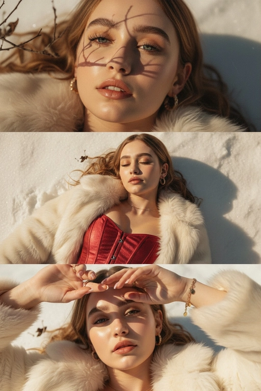 Создайте ИИ-коллаж: фото на снегу в шубе и корсете Y2K
