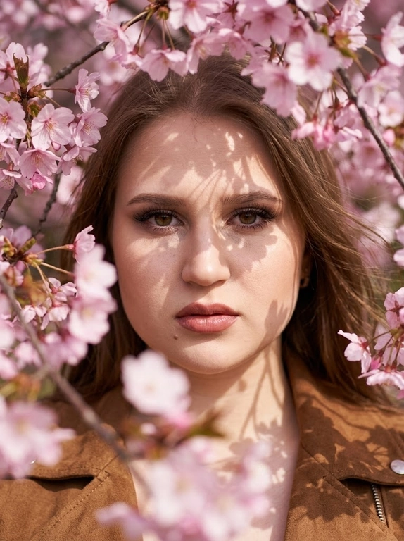 Крупный план лица. Модель смотрит прямо в объектив через густые ветви цветущей сакуры. Часть цветов на переднем плане находится вне фокуса, создавая ощущение глубины и мягкие розовые размытые пятна.
Пластика и поза: лицо словно зажато между ветками.
Модель немного наклоняет голову, из-за чего линия скул образует выразительный острый угол.
Взгляд осознанный, глубокий, живой.
Одежда: видна только линия плеч. Светло коричневая стильная ( по мотивам ysl) замшевая куртка.
Динамика: резкая фокусировка на глазах. Прядь волос и лепестки немного размыты ветром (motion blur). Макияж : густые длинные ресницы, оформленные брови, стрелка удлиняющая глаз, бронзер , легкий тон, губы подчеркнуты насыщенным пыльно розовым карандашом, розовый блеск.
Высокая детализация кожи, реализм текстуры.
Атмосфера: ощущение дорогой журнальной съёмки.
Естественный свет проходит сквозь лепестки и ветви, создавая на лице тонкую сетку из теней.
Супер детализированное фото 8К.