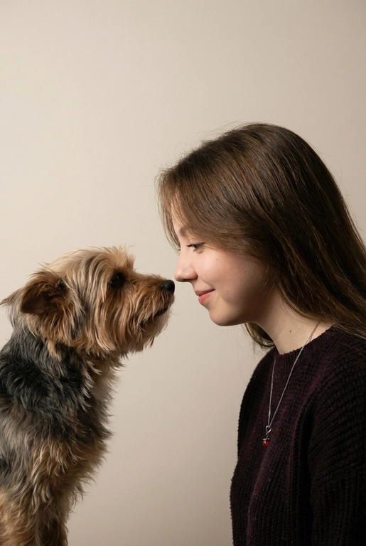 Сделай фото со мной и моим питомцем. Реалистичное фото, с высокой детализацией. Снимок меня и моего питомца в профиль. Фото сделано первым средним планом (Medium CloseUP), в кадре видно часть туловища (с головы до середины груди).
Я стою лицом к своему питомцу в строгий профиль, смотрю прямо на него.
Мой питомец расположен прямо напротив моего лица, также в профиль, смотрит прямо на меня. Наши носы почти соприкасаются. Наши головы могут быть наклонены: например, моя голова наклонена немного вниз, а голова питомца наоборот повыше. Четкая визуальная симметрия между моем лицом и головой моего питомца.
Студийное освещение, мягкий свет, создающий контрастность и скульптурные тени, на самом лице минимум тени. 


У меня легкая улыбка, питомец смотрит с дружелюбным настроем. Фон светлый 