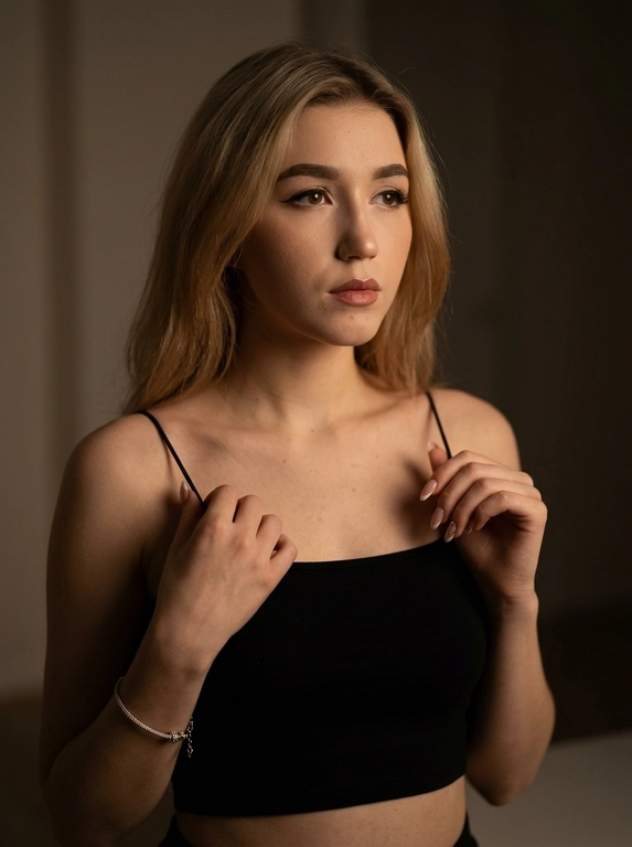 Максимально реалистичная фотография в стиле moody boudoir editorial, передающая атмосферу интимности, чувственности и приглушенного драматизма.
Крупный план по пояс (waist-up shot / close-up). женщина позирует в полумраке, придерживая руками края одежды. [Поза/взгляд/эмоция]: Плечи слегка приподняты, руки с длинным светлым маникюром сжимают тонкие бретели черного топа; голова немного повернута в сторону, взгляд задумчивый и отведен в сторону; выражение лица томное, загадочное и уверенное.
Вечерний «glam» выразительные стрелки, густо накрашенные ресницы, создающие эффект «кошачьего взгляда», мягкий контуринг лица и матовая помада цвета пыльной розы.
Облегающий черный кроп-топ на очень тонких бретелях-спагетти. Материал — матовая эластичная ткань. На запястье виден изящный серебряный браслет.
Минималистичный интерьер в темных тонах. Фон однотонный, слегка текстурированный, уходящий в глубокую тень, что создает эффект камерности.
 Низкий ключ (low-key lighting). Мягкий, теплый направленный свет падает сбоку, подчеркивая рельеф ключиц, линию плеч и текстуру кожи. Глубокие, кинематографичные тени создают объем и драматичное настроение.
 85mm f/1.4, идеальное фокусное расстояние для портрета, создающее минимальные искажения и сильное размытие фона. Очень малая глубина резкости; фокус идеально наведен на глаза и лицо модели, в то время как плечи и руки уходят в мягкое расфокусирование.
Гиперреалистичная текстура кожи: видны поры, естественный блеск на выступающих частях лица и плеч. Отсутствие «пластикового» эффекта ретуши.
 текстура ткани топа под пальцами, тонкие волоски на макушке, мягкий градиент тени на стене.
Эстетика «dark feminine energy», интимная, теплая и дорогая атмосфера (expensive moody vibe).

Какая будет прическа?: Не изменять мою прическу