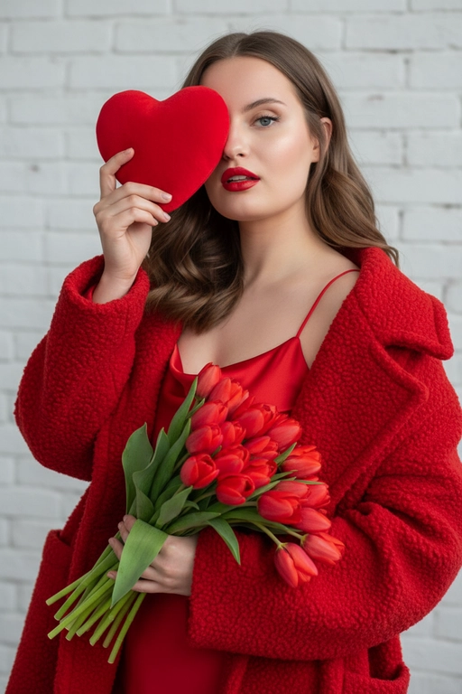 Профессиональная модная фотография в сверхвысоком разрешении, на которой женщина держит большой красный предмет в форме сердца, прикрывающий один глаз, и сжимает букет красных тюльпанов. Максимально сохранить все черты лица, сохраняя точные черты лица по образцу, мягкое естественное боковое освещение слева. нежные тени, портрет в три четверти с небольшим наклоном вверх, элегантное красное платье-комбинация на тонких бретельках под открытым текстурированным красным пальто оверсайз, уверенный игривый взгляд и ярко-красные губы, романтическое настроение, теплая красно-зеленая палитра на фоне белой кирпичной стены, бьюти-снимок из журнала, небольшая глубина резкости, четкий фокус на лице, Сверхдетализированная профессиональная фотография в формате 8K.