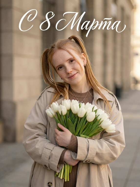 Человек на улице держит большой букет белых тюльпанов, прижимает его к груди. На Человеке светло-бежевое пальто свободного кроя, под пальто коричневый трикотажный топ. Человеке мягко улыбается, взгляд направлен в камеру, живые эмоции, голова немного наклонена вбок. Съёмка по пояс. Естественный тёплый дневной свет, мягкие тени. Фон — городская архитектура в нейтральных бежевых тонах, слегка размытый. Реалистичная фотография, высокая детализация кожи и ткани, натуральные цвета, shallow depth of field, lifestyle photography, soft natural light. Добавь надпись каллиграфическим изящным шрифтом белого цвета.

Какая будет надпись?: Текст сверху: "С 8 Марта"