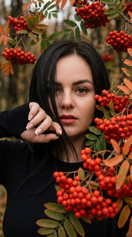Фотореалистичный крупный осенний портрет женщины среди густых веток красной рябины. Женщина находится очень близко к веткам и гроздьям рябины. Лицо в основном остаётся открытым и хорошо читаемым: один глаз полностью хорошо виден и находится в фокусе, часть второй стороны лица мягко прикрыта длинной передней прядью волос. Волосы не должны полностью закрывать лицо. Они лишь частично проходят по одной стороне лица, мягко перекрывая часть щеки, край губ и небольшую часть носа. Взгляд направлен прямо в камеру. Одна рука поднята к лицу, аккуратный французский маникюр.

Гроздья красной рябины находятся сверху, по бокам и частично на переднем плане, мягко обрамляя лицо. Ягоды и ветки не должны сильно перекрывать центральную часть лица. Некоторые гроздья на переднем плане слегка размыты, но композиция остаётся естественной и не перегруженной. Лицо мягко обрамлено ветками, создавая эффект скрытого, но всё ещё хорошо читаемого портрета в природе.

Мягкий рассеянный свет пасмурного осеннего дня, естественные тени на лице, приглушённый фон и насыщенные, но реалистичные красные оттенки ягод. Лёгкая плёночная зернистость и мягкая осенняя цветокоррекция без чрезмерной обработки.

Макияж выразительный, но естественный: подчёркнутые ресницы и красный оттенок губ. На женщине чёрный облегающий верх с длинными рукавами. Реалистичная текстура кожи, естественная детализация волос, без пластиковой кожи, без чрезмерной резкости, без глянцевой ретуши и без AI-эффекта.


Причёска: Распущенные волосы свободно спадают на одну сторону лица и частично перекрывают его. Основная масса волос мягко лежит вдоль щеки и скулы, закрывая часть лица так, что хорошо виден один глаз, часть носа и скулы. Несколько тонких передних прядей естественно проходят по лицу и слегка двигаются от лёгкого ветра. Причёска выглядит живой, мягкой и немного небрежной, создавая эффект скрытого портрета.