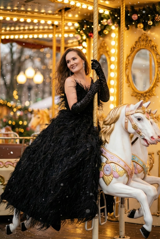   Сказочный праздничный портрет на ретро-карусели, вертикальный кадр до пола. Девушка сидит боком верхом на белой карусельной лошадке с золотыми и пастельно-розовыми декоративными элементами, руками обнимает золотой столб, на ней, уши украшены свисающими серьгами. Волосы распущены и развеваются, лицо слегка повернуто в сторону, выражение расслабленное и радостное. Фон залит тёплым светом гирлянд и лампочек карусели, золотые рамы зеркал и размытые огни парка создают атмосферу роскошной рождественской ярмарки, в воздухе лёгкие снежинки и боке. Гламурный праздничный стиль, насыщенные тёплые тона, мягкое боке, high fashion editorial, 8k, cinematic lighting, shallow depth of field, festive atmosphere. --ar 9:16 --v 6 --style raw --q 2 На ней пышное вечернее платье черного цвета, полностью покрытое длинными перьями, создающими объём и движение, на руках блестящие длинные перчатки