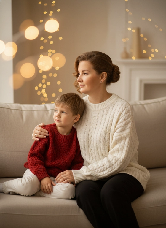 Черты лица , внешность, пол, фигуры не менять. 
Промпт пользователя:
Теплая семейная рождественская фотография — мама с фото в белом свитере оверсайз, черных брюках сидит на светлом диване и нежно придерживает за плечо сына в красном вязаном свитере, белых брюках. Композиция: полупрофильный кадр по пояс, акцент на руках и текстуре вязаных вещей, лёгкий наклон камеры сверху для интимного ощущения. Освещение: мягкий боковой дневной свет от окна + тёплые гирлянды на заднем плане, создающие крупное боке; баланс белого тёплый (ок. 3000–4000K). Оборудование и параметры: объектив 50mm или 85mm, диафрагма f/1.8–f/2.8 для узкой глубины резкости, выдержка 1/125–1/250 с, ISO 200–400. Стилистика и цвет: минимализм в натуральных кремово-бежевых тонах, мягкая контрастность, тёплые полутени; текстуры вязаных тканей должны быть детализированы. Постобработка: лёгкая теплая коррекция .

#русая #рождество #праздник #женщина # сын #совместное ##студия #тренды #иисервис