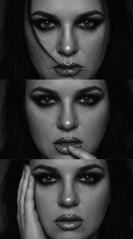 Ultra-realistic dark beauty triptych composed of three tightly cropped cinematic close-up portraits of the same woman, stacked vertically. Extremely intimate framing with the face filling almost the entire image.

TOP FRAME: intense direct gaze into the camera, head slightly lowered, loose strands of hair sweeping diagonally across the face and partially covering the lips and cheek.

MIDDLE FRAME: direct provocative gaze, lips slightly parted, one fingertip resting gently against the lower lip.

BOTTOM FRAME: one hand pressed softly against the side of the face and temple, direct gaze into the camera, glossy lips slightly parted.

MAKEUP: dramatic smoky black eye makeup, softly smudged eyeliner, dense dark lashes, sculpted brows, subtle contour. Wet glossy nude lips precisely outlined with brown lip pencil. CRITICAL: a small concentrated glossy HIGHLIGHT directly on the tip and bridge of the nose, catching the light as a bright reflective point. Subtle sheen on cheekbones and lips.

CRITICAL COLOR GRADING: extremely dark monochrome charcoal-black color grading exactly like an underexposed black-and-white analog photograph. Deep crushed blacks, smoky graphite-gray midtones, muted silvery highlights, almost no clean whites, very low exposure, strong shadow falloff, soft vignette around the edges. The skin must remain dark and moody rather than bright gray.

Very dim frontal light barely illuminates the eyes, nose, lips and cheekbones while the hair and background disappear into near-black shadows. Heavy fine film grain, analog noise, slight softness, subtle blur, imperfect low-light texture, mysterious late-night editorial photography, raw 1990s film mood, no clean digital sharpness, no bright studio lighting.