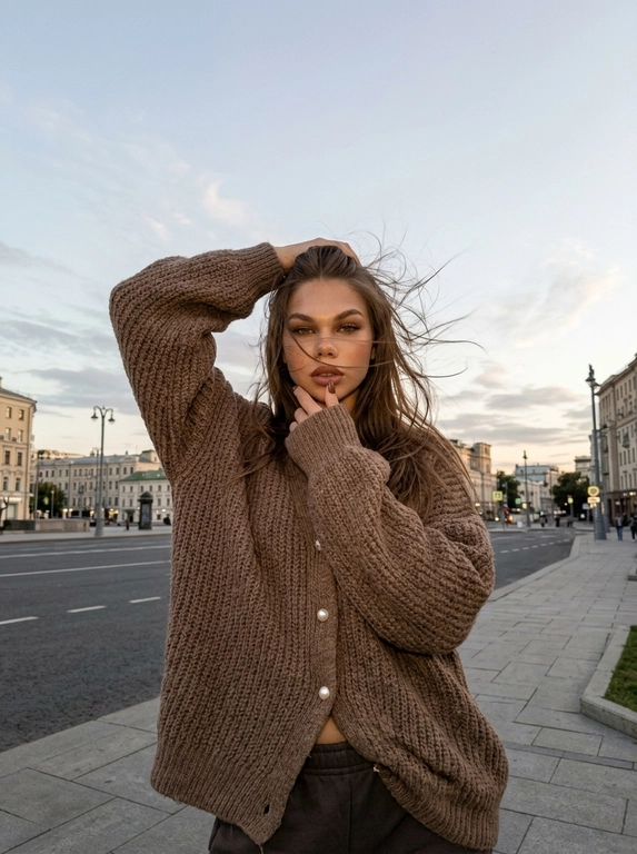 Сверхреалистичная уличная fashion-фотография на iPhone 17 Pro Max, основная камера 1x, 24 мм. Средний портрет примерно до середины бёдер, камера на уровне груди, женщина по центру кадра, над головой много открытого вечернего неба.

Женщина стоит на открытом пространстве, корпус почти фронтально к камере. Сильный ветер активно развевает волосы в стороны, отдельные тонкие пряди хаотично проходят перед лицом. Одна рука поднята над головой и лежит на макушке, локоть направлен в сторону; вторая рука согнута перед грудью, длинный рукав частично закрывает кисть, пальцы находятся возле губ. Взгляд прямо в объектив, губы сомкнуты, выражение уверенное, без улыбки.

На ней объёмный коричневый вязаный кардиган oversize с жемчужными пуговицами, длинными свободными рукавами и выраженной мягкой фактурой крупной вязки. Кардиган свободно собирается складками на теле.

Макияж выразительный, но естественный: кожа с лёгким загаром и натуральной текстурой, оформленные брови, длинные густые ресницы, мягкая чёрная подводка, лёгкий бронзер и румянец, пудрово-розовые губы, ногти коричневые.

Фон минималистичный: красивая вечерняя московская улица. Большую часть кадра занимает чистое голубое вечернее небо с небольшими мягкими светлыми облаками.

Тёплые золотистые блики на лице и волосах, мягкие естественные тени. Цветокоррекция слегка плёночная: приглушённые натуральные оттенки, тёплая кожа, немного пониженная экспозиция, умеренный контраст, лёгкая зернистость. Волосы должны двигаться физически естественно от сильного ветра. Без студийного света, пластиковой кожи, сильного боке, CGI и AI-эффекта. Кадр будто сделан в спешке и размыт на 2%.