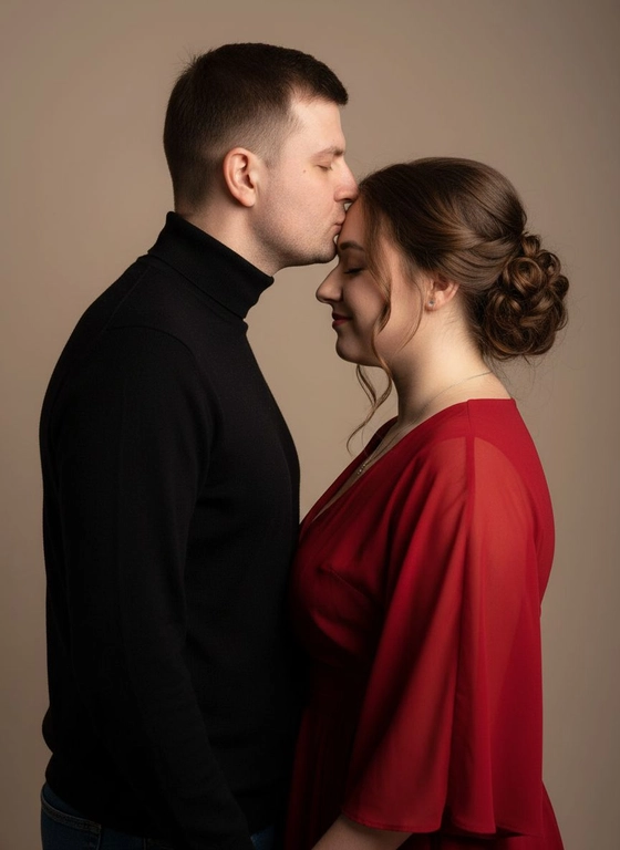 Мужчина нежно целует девушку в лоб, глаза мужчины закрыты.
Женщина стоит напротив мужчины с закрытыми глазами и легкой улыбкой. Фотография наполнена любовью и чувствами. У женщины вечерняя прическа, по обеим сторонам лица прядки завитушки. Они стоят друг на против друга. Мужчина в черном свитере. Женщина одета в красное платье. Рукава платья легкие воздушные. Рукав 3/4. Черты лица не менять ни на один процент. Сохранить с исходников. Свет мягкий, студийная съемка. В кадре только лица и плечи. Портрет.