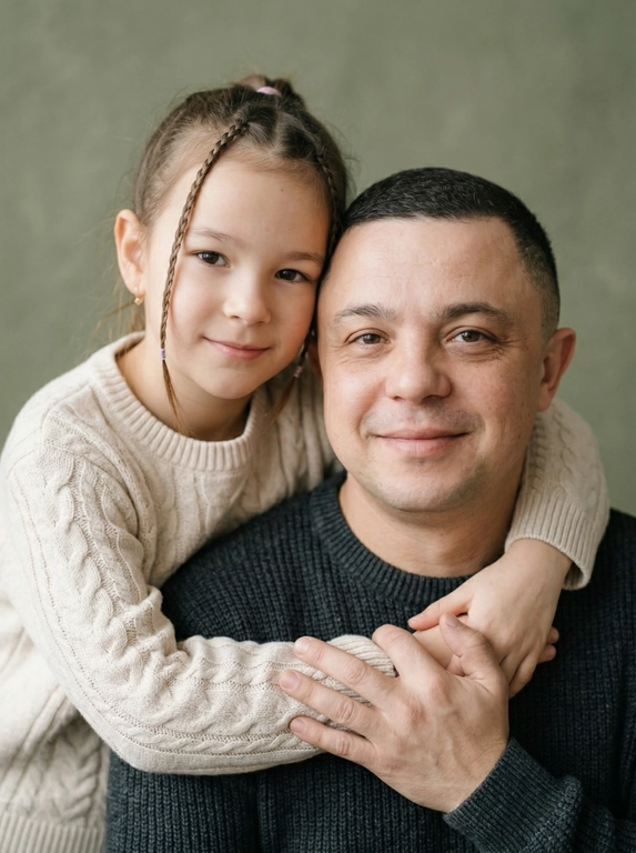 Создай портретный студийный кадр из фотосессии отца и его дочери для этих людей из присланных фото. Дочь нежно обнимает папу сзади, руки мягко сомкнуты на его груди, щекой слегка касается его головы. Оба смотрят прямо в камеру. Спокойные, тёплые, естественные эмоции, лёгкая улыбка.

Приглушенно-зеленый, почти хаки, минималистичный фон. Мягкий естественный рассеянный свет из окна, деликатные тени, акцент на лицах. Натуральная цветокоррекция, светлая чистая палитра, реалистичная текстура кожи без излишней ретуши.

Одежда — базовая и нейтральная: у отца тёмный трикотажный свитер, у дочери светлый вязаный свитер. Без принтов и логотипов.

Кадр — крупный или средний план, плотная композиция, ощущение близости и доверия. Профессиональная съёмка, 85mm lens, shallow depth of field, soft natural light, ultra realistic, high detail, family portrait photography.