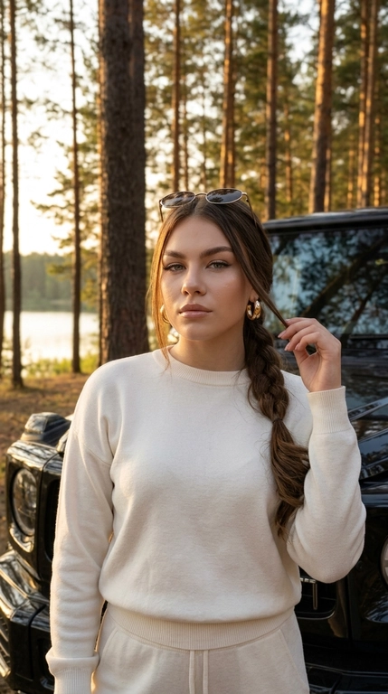 Девушка в молочном костюме у внедорожника в лесу