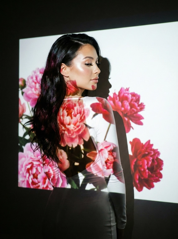 Кинематографический эффект с добавлением зерна. Ультрареалистичный портрет женщины, стоящей на фоне белой стены: её тело немного повёрнуто в сторону.  Фото с нижнего ракурса, фото со спины девушки. Макияж лёгкий: хайлайтер, длинные ресницы. На ней белое однотонное платье по фигуре, с открытой спиной и длинными рукавами. Она не смотрит в камеру. Освещение мягкое, с лёгким акцентом на её лицо, создающее нежные тени и подчёркивающее черты. Вокруг темно — светит только проектор с изображением ярких пионов прямо на девушку и на стену за ней. Только один источник света — проектор.


Какая будет прическа?: Волосы перекинутв на левую сторону