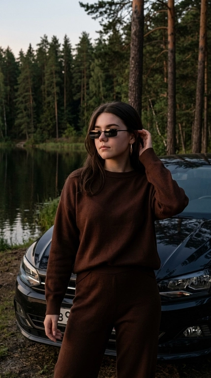 Ультрареалистичная lifestyle-фотография модели на природе, снятая на iPhone 16 Pro Max. Вертикальный кадр, Модель показана примерно до верхней части бёдер. Модель стоит возле автомобиля на берегу спокойного озера среди высокого хвойного леса, передняя часть автомобиля развёрнута к камере и хорошо читается в кадре. Корпус модели слегка развёрнут в сторону, одна рука поднята к затылку или возле уха, вторая свободно опущена. Голова немного повернута в сторону, взгляд направлен мимо камеры, выражение лица спокойное, уверенное и расслабленное.

На модели молочный спортивный костюм: свободный свитшот с круглым вырезом и джоггеры в тон. На лице узкие прямоугольные солнцезащитные очки в тонкой металлической оправе. Образ выглядит спокойно, дорого и естественно..

Если модель женского пола, то у нее в ушах крупные серьги-кольца.
Если модель женского пола, то у ее макияж clean soft glam: естественно сияющая кожа с реалистичной текстурой, мягко подчёркнутые глаза, длинные ресницы, нюдовые губы с лёгким глянцевым блеском. 

Без пластиковой кожи и без чрезмерного сглаживания.

Позади модели видны озеро, отражения воды, высокий хвойный лес и припаркованный автомобиль бренда/марки Фольцваген поло 19 года .

Освещение — поздний вечерний golden hour. Свет мягкий, приглушённый и направленный, солнце низкое, частично скрыто деревьями. На лице и одежде мягкие тёплые блики, но без яркого свечения. Тени глубже, свет не воздушный и не пересвеченный.

Цветокоррекция тёмная, приглушённая и естественная, ближе к реальному iPhone-кадру в вечернем лесу: немного пониженная экспозиция, спокойные тёмно-зелёные и коричнево-оливковые оттенки леса, глубокий чёрный цвет автомобиля с глянцевыми отражениями, мягкие молочно-бежевые тона одежды, тёплые, но сдержанные солнечные блики. Общий контраст мягкий, но глубокий, без яркой насыщенности, без светлого airy-эффекта, без оранжевого перегрева.

Живой случайный кадр, luxury candid aesthetic, лёгкая естественная зернистость, реалистичная текстура кожи, ткани, воды и автомобиля, без глянцевой ретуши и без AI-эффекта.

Доп. характеристики: Шоколадный костюм, не спортивный , распущенные волосы, точная копия лица в Черных очках