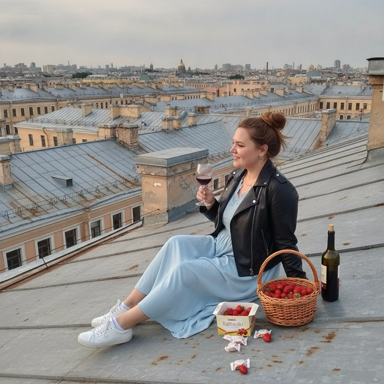 Сделай реалистичное фото по моему селфи, полностью сохрани мою внешность 1-в-1, включая все черты лица и природную асимметрию лица, без каких-либо изменений.
Поза и композиция
Я сижу боком к камере, на крыше дома в центре Санкт-Петербурга во время белых ночей. Ноги вытянуты вперёд, одна слегка согнута. В руках бокал красного вина. Рядом стоит плетёная корзиночка с красной клубникой, открытая коробка конфет Рафаэлло, рядом с коробкой лежат несколько конфет и стоит бутылка открытого вина. Я смотрю на панораму города и улыбаюсь, будто наслаждаюсь редким спокойным вечером над шумными улицами. Кадр снят немного со стороны, чтобы одновременно показать меня, фактуру старой крыши и бесконечные петербургские крыши на горизонте. Атмосфера выглядит естественной и случайно пойманной, словно кадр из жизни.
Одежда
Чёрная кожаная куртка - косуха,  голубое платье, белые кроссовки.
Прическа
Не меняя цвет волос, волосы собраны в небрежный высокий пучок с несколькими выбившимися прядями, которые развеваются на ветру.
Макияж
Длинные ресницы, растушёванные стрелки, натуральный макияж, свежая сияющая кожа, нюдовые губы.
Фон
Старые петербургские крыши, мансарды, кирпичные дымоходы, историческая архитектура центра города, бесконечный городской горизонт.
Свет
Мягкий серебристый свет белых ночей. Лёгкое вечернее свечение неба, естественные тени, спокойная романтичная атмосфера Петербурга.
Камера
50 мм, documentary style, естественная перспектива, высокая детализация, малая глубина резкости, 4K (16 Mpix).
Стиль
Фотореализм, Saint Petersburg rooftop aesthetic, white nights, candid lifestyle photography, old money mood, cinematic urban portrait, атмосферная городская фотография, премиальное качество.