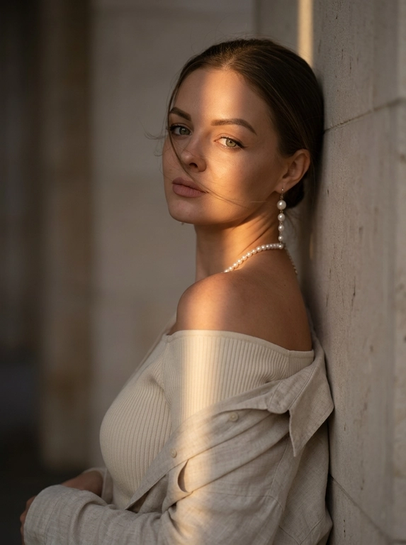 Luxury editorial portrait, кадр по плечи. Женщина стоит вплотную к светлой каменной стене.
Стена находится строго за её спиной и слева в кадре. К стене прижаты верхняя часть спины и левое плечо. Женщина стоит к камере боком, корпус развернут вправо в 3/4, грудь направлена от стены в сторону камеры. Голова резко повернута назад к камере и слегка наклонена вниз. Взгляд в камеру, губы слегка приоткрыты, выражение спокойное, уверенное. На ней молочный плотный топ в рубчик с открытыми плечами, сверху светлая льняная рубашка спущена с плеч. жемчужная нить на шее, длинная серьга с жемчугом. Волосы: несколько прядей слегка раздувает вечерний ветер, перекрывают лицо.
Тёмный закатный golden hour: узкая вертикальная полоса тёплого света освещает один глаз, часть лба, нос, шею и плечо, остальное в тени. Тёмный архитектурный фон мягкий.