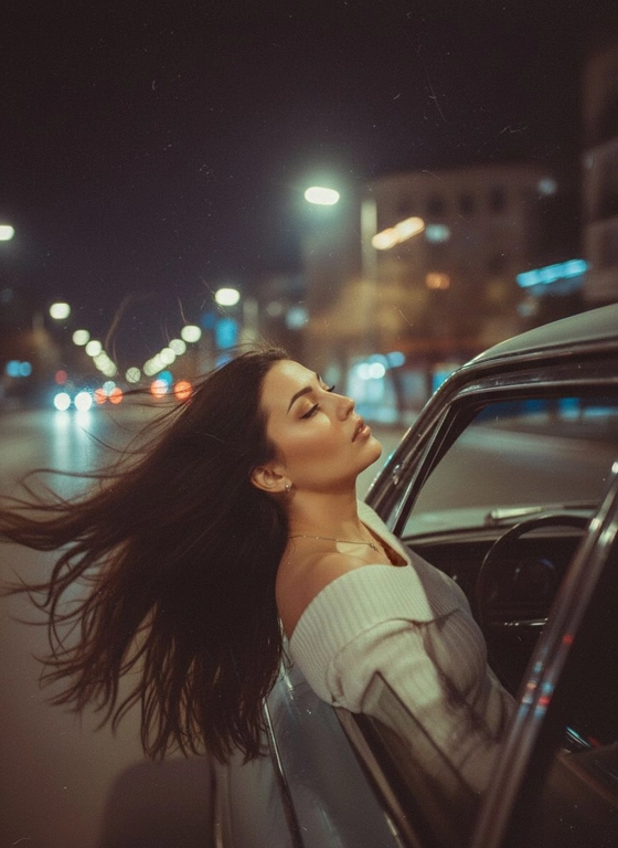Создайте фото, где я высунула голову из окна машины в тёмную, мечтательную, размытую, винтажную ветреную ночь, в белом трикотажном топе с открытыми плечами. ракурс боковой. Голова чутка откинута назад. Машина в движении.  Выражение лица мечтательное, губы немного приоткрыты. Волосы развеваются в движении. Сохраните детали лица в точности. Пожалуйста, не изменяйте черты лица и оставь таким, какое оно есть.