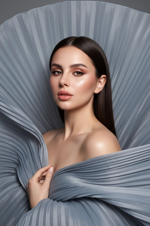    Создайте гиперреалистичный профессиональный студийный портрет женщины с волосами, уложенными на ровный пробор посередине, которые каскадом ниспадают на левое плечо (справа от зрителя) и частично скрыты за правым плечом (слева от зрителя). Камера снимается с немного низкого уровня глаз, глядя прямо на модель, охватывая ее от середины груди и выше. Голова слегка наклонена, взгляд прямой и притягательный.
Ее кожа безупречно гладкая и интенсивно сияет, словно подсвеченная мощным, сфокусированным источником света, подчеркивая мельчайшие поры и естественную текстуру кожи с сияющим, почти воздушным свечением, особенно в области декольте, плеч и верхних линий лица.

Её макияж тщательно проработан:
Глаза: чётко очерченные, ухоженные брови с заметными волосками, мягкие тени тёплых тонов (персиково-розовые и светло-коричневые) с лёгким мерцанием, чёткая чёрная подводка для глаз, создающая нежный кошачий взгляд, и идеально распущенные, объёмные ресницы, подчеркивающие каждую ресничку, с лёгким акцентом на нижних ресницах. Во внутреннем уголке глаза выделяется яркий блик. Радужки глаз отражают рассеянный студийный свет с изысканными узорами.
Щёки: лёгкий, растушёванный румянец натурального розового или персикового оттенка, изящно очерченные скулы и интенсивный, почти влажный блик на выступающих частях лица (скулы, переносица, дуга Купидона), создающий эффект увлажненности и сияния. Губы: губы нежного, естественного кораллово-розового или розово-персикового цвета с мягким атласным финишем, подчеркивающим тонкие естественные линии и текстуру губ, с лёгким бликом на дуге Купидона.

Она изящно одета в объёмную, струящуюся ткань с изящной плиссировкой, напоминающую прозрачный атлас или шёлк. Плиссированная ткань эффектно обрамляет фигуру, создавая объёмную, почти органичную форму, которая высоко поднимается за головой и огибает левое плечо (правое для зрителя), изящно струясь по груди и открывая обнажённые плечи. Материал обладает лёгким, сияющим блеском и мягкой полупрозрачностью, улавливая и отражая студийный свет, подчёркивая его роскошную текстуру и плавные движения. Складки очень детализированы, создавая глубокие тени и яркие блики, которые подчёркивают волнистую форму, а некоторые участки ткани также демонстрируют повышенную светоотражающую способность. Её правая рука (левая для зрителя) нежно касается ткани у груди, на ней видны ухоженные ногти. Освещение выполнено по принципу софтбокса, но с более сильным, концентрированным основным светом для создания интенсивного свечения, сохраняя при этом мягкие тени, которые подчёркивают черты её лица и изгибы плеч без резкости. Фон — гладкий, однотонный средне-серый, обеспечивающий чистый контраст и полностью фокусирующийся на модели. Общее впечатление — утончённая элегантность, изящество и гиперреалистичная детализация, передающая каждый нюанс её красоты, выражения лица и сложную текстуру её волос, кожи и одежды. Черты лица и особенности её внешности должны быть точно воспроизведены с референсной фотографии. Плиссированная ткань серо-голубого цвета