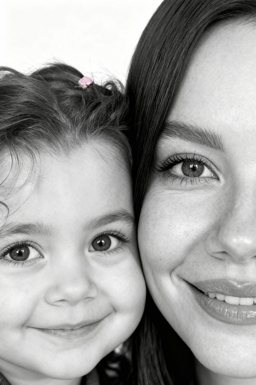 Сверхреалистичная черно-белая художественная фотография 8K женщины и ребенка, снятая очень крупным планом, щека к щеке так что видны только правая половина лица женщины и левая половина лица ребенка. которые смотрят в камеру. Их лица расположены рядом, почти соприкасаясь, образуя идеально сбалансированную симметричную композицию. Каждая деталь передана с фотографической точностью: тонкая текстура кожи и плавные градиенты света и тени. Видимая половина женщины включает ее бровь, один глаз , часть ее носа, щеку и губы, слегка приоткрытые в нежной, естественной улыбке, Видимая половина ребенка включает один глаз , круглую мягкую щеку, часть носа и небольшую улыбку, Фон белый и слегка размытый, что подчеркивает эмоциональную близость между ними. Освещение мягкое и рассеянное, создает деликатный контраст и тональную глубину. На снимке запечатлены нежность, близость и связь между матерью и ребенком, запечатленные с потрясающей реалистичностью. Не меняй черты лиц. 