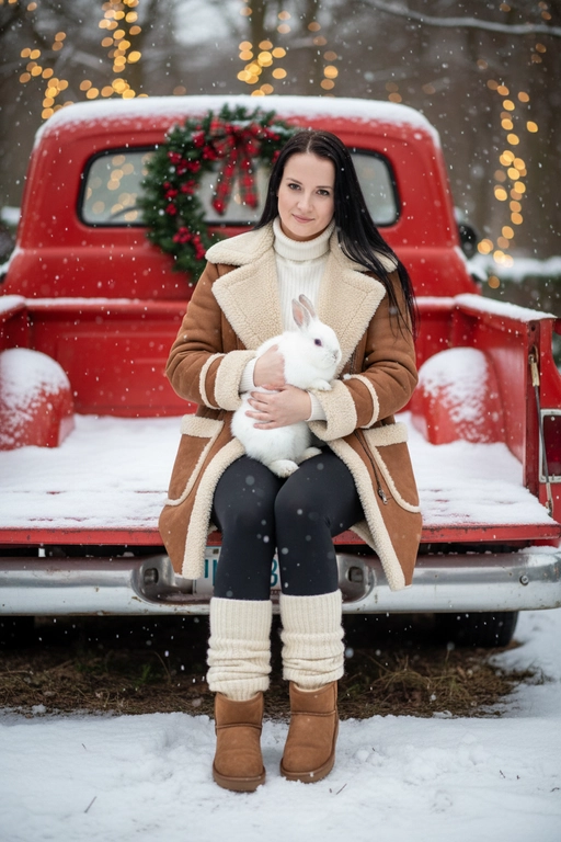 Портрет молодой женщины, сидящей на кузове винтажного красного грузовика. Девушка держит на руках животное. На ней коричневая дубленка с белой окантовкой из овчины по воротнику, манжетам и карманам, под дубленкой белый свитер с горловиной, черные лосины тканевые без блеска, на ногах укороченные, высотой до щиколоток коричнево-бежевые угги на платформе и кремовые гетры до середины икр, выглядывающие из уггов. 
Девушка смотрит в камеру, на ее лице легкая улыбка. 

На грузовике — праздничный рождественский венок. На земле лежит снег.

Мягкий снег падает. Атмосфера — реалистичная, теплая и немного кинематографичная. Сияющие рождественские огоньки и украшения создают яркую теплую атмосферу. Разрешение 8K, акцент на текстуру одежды, снег и сверкающие огоньки на заднем фоне. —ar 3:4 —v.

Не меняй черты лица.  Держит на руках белого кролика