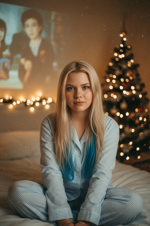 Атмосферный портрет человека, сидящий на кровати в уютной комнате. Не меняй черты лица ни на 1%. Человек смотрит в камеру. На человеке хлопковая голубая пижама в белую полоску. 
Теплое освещение от мерцающих гирлянд и рождественской ёлки. На заднем плане - проекция с фильмом или мультфильмом создающая нотку ностальгии.
Кинематографичный кадр, малая глубина резкости, волшебная и уютная атмосфера. Фото в стиле 90-х, ретро -фильтр. Зернистость Фильм - Warner Bros. "Гарри Поттер".