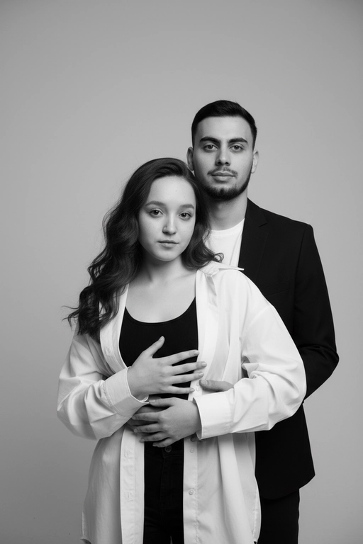 Черно-белый портрет мужчины и женщины в стиле фэшн фотосессии в фотостудии. Не изменяйте лица. Фон нейтральный, однотонный, светло-серый. Атмосфера интимная и спокойная. На переднем плане женщина. Вся композиция выполнена в приглушенной монохромной гамме со студийным освещением, которое подчеркивает текстуру кожи и одежды. Её руки лежат на груди мужчины. Мужчина обнимает женщину сзади, положив свою руку поверх её руки. Она одета в черный топ, белую оверсайз рубашку. Мужчина одет в  классическом черном пиджаке и белой футболке.