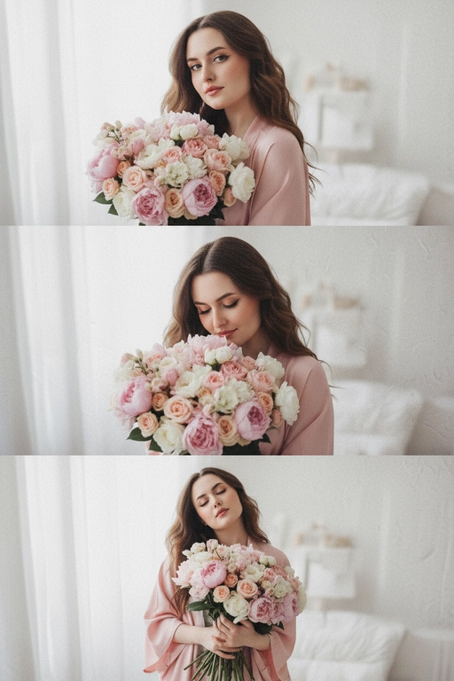 Не меняй черты лица, оставь их точь в точь как на загруженном фото, в том числе макияж и волосы.
Композиция из триптиха изображает женщину дома с цветами
На ней свободная пижама кимоно в пол нежно розового цвета.

На верхнем кадре портрет крупным планом, женщина смотрит в камеру лицо боком в руках у неё огромный букет. На заднем плане светлая стена размыты.

На центральном кадре сверхкрупный план, та же девушка, ее голова слегка наклоненная вперед, она принюхивается к букету, ее глаза закрыты, на лице легкая улыбка.  Кадр снятый с очень близкого расстояния, видно только часть огромного букета и лица  

На нижнем кадре портрет крупным планом изображена всё та же женщина, голова запрокинута вверх глаза закрыты, прижимает все тот же огромный букет к груди

Цветовая палитра приглушена, с нежными розовым, белым
Общий стиль наводит на романтику. Присутствует видимая зернистость.  Букет цветов - разные цветы