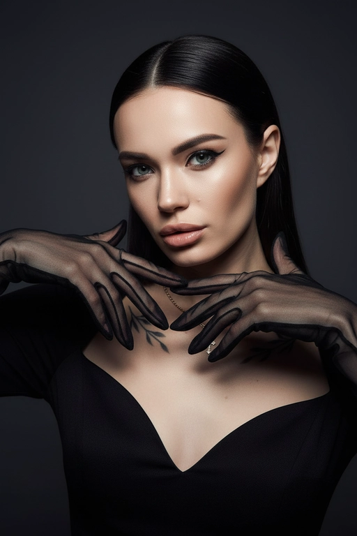 На моей фотографии крупным планом изображена гламурная женщина на темно-сером фоне, в прозрачных чёрных перчатках и чёрном платье. Она позирует, обрамляя лицо руками, отбрасывая на глаза эффектные тени. Яркий макияж глаз с аккуратной подводкой, гладкая и безупречная кожа, кинематографическое освещение, стиль высокой моды, атмосфера таинственности и соблазнительности. 