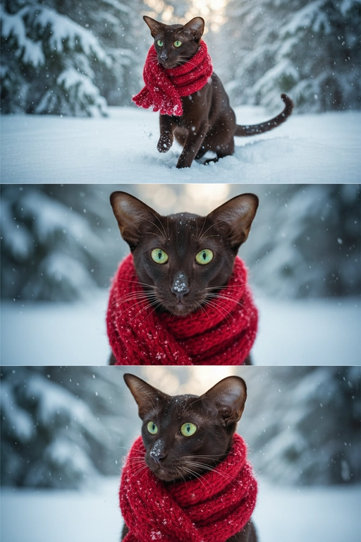     Коллаж из 3-Х фото моего питомца на зимнем фоне в снегу. Питомец в вязаном шарфе, вокруг падает снег, на заднем плане заснеженный лес.

Первый кадр — питомец в полный рост. Он играется со снегом 

Второй кадр — крупный план, увеличенный кадр мордочки питомца с одной снежинкой на носике. Мордочка питомца занимает весь кадр, взгляд прямо в камеру 
 
Третий кадр - портрет питомца, он смотрит в левую сторону. На фото виден шарф, на шарфу есть снежинки 

Три кадра объединены в вертикальный коллаж в едином тоне и свете. Атмосфера — реалистичная, теплая и немного кинематографичная.
Свет мягкий, утренний.  Цвет шарфа - красный 