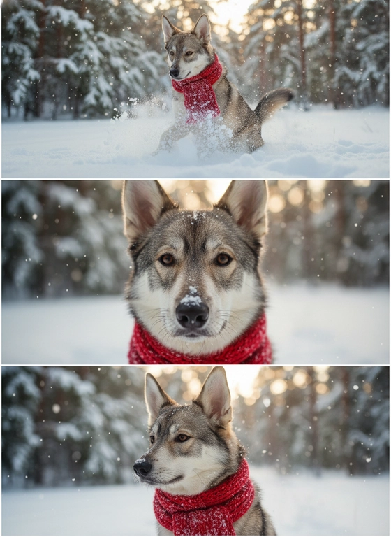     Коллаж из 3-Х фото моего питомца на зимнем фоне в снегу. Питомец в вязаном шарфе, вокруг падает снег, на заднем плане заснеженный лес.

Первый кадр — питомец в полный рост. Он играется со снегом 

Второй кадр — крупный план, увеличенный кадр мордочки питомца с одной снежинкой на носике. Мордочка питомца занимает весь кадр, взгляд прямо в камеру 
 
Третий кадр - портрет питомца, он смотрит в левую сторону. На фото виден шарф, на шарфу есть снежинки 

Три кадра объединены в вертикальный коллаж в едином тоне и свете. Атмосфера — реалистичная, теплая и немного кинематографичная.
Свет мягкий, утренний.  Цвет шарфа - красный 