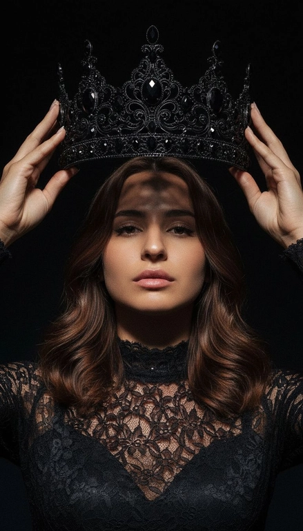 Модный портрет женщины крупным планом, стоящей прямо перед камерой, со слегка приподнятым подбородком. Она держит двумя руками почти над головой искусно выполненную корону с богатым филигранным орнаментом и крупными сверкающими драгоценными камнями. Корона находится в резком фокусе, отбрасывая тень на лицо. Освещение падает сверху, подчёркивая корону и создавая драматичный, контрастный эффект. Тёмная тень на лице усиливает ощущение таинственности и элегантности. Её платье – из тонкого чёрного кружева с высоким воротом. Фон темный, усиливая драматизм. Корона черного цвета.