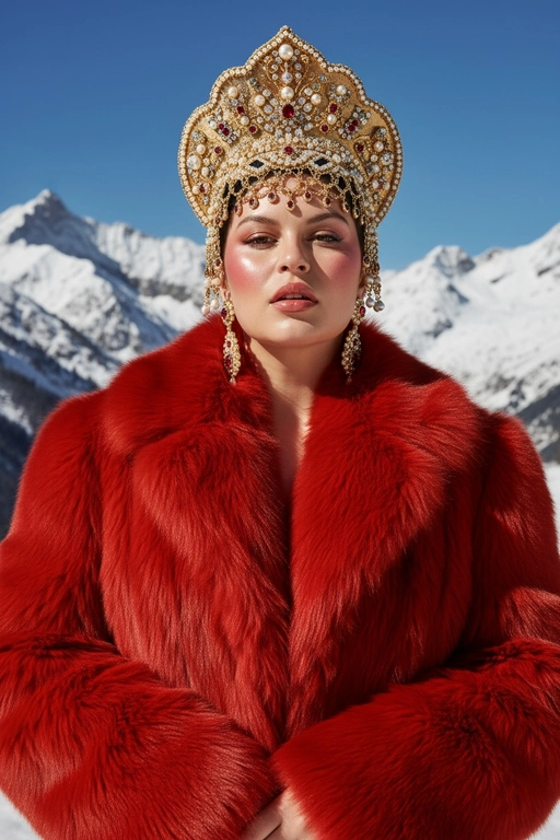 Создай портрет на открытом воздухе в стиле высокой моды, вдохновлённый редакционной фотографией Vogue. Человек элегантно позирует на фоне заснеженных гор под ярким солнечным светом. На заднем плане кинематографический альпийский пейзаж с чистым небом и свежим воздухом. Модель одета в роскошную красную шубу с плотной текстурой, украшенная детализированным ювелирным головным убором похожий на кокошник и подходящими серьгами, которые сверкают на свету. Кожа светящаяся, губы слегка приоткрыты, макияж с ярким румянцем и глянцевым финишем. Освещение яркое, насыщенное и кинематографическое, подчёркивающее контраст между красной шубой и холодными тонами заснеженных гор. Стиль: мода Vogue, высокая мода, ультрареализм, богатая цветовая палитра, разрешение 8К, естественный солнечный.