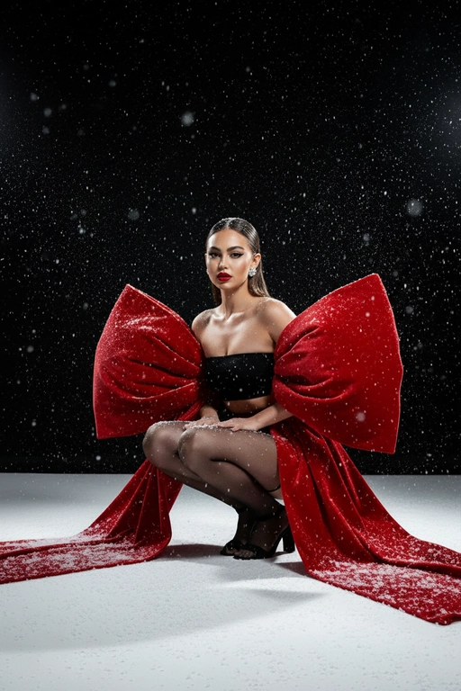 Создай изображение не меняя черты лица. Студийный портрет в стиле рождественской/новогодней модной кампании. Я в элегантной, присевшей позе, взгляд сфокусирован прямо в камеру. Огромный, гипертрофированно большой, роскошный бант из красного бархата, который обернут вокруг тела модели как кутюрный элемент одежды  с очень длинными, широкими ниспадающими концами, которые тянутся по полу. Бант и белый пол покрыты имитацией снега. Минималистичный черный топ без бретелей (bandeau) ,темные, полупрозрачные колготки, черные босоножки с открытым носом, на среднем каблуке. Гладко зачесанные назад волосы. Классический, выразительный макияж: яркая алая помада, четкие черные стрелки, хайлайтер. В ушах крупные, блестящие серьги-гвоздики.

Драматичное, контрастное студийное освещение (split lighting). Ярко освещенный белый пол/поверхность. Фон — глубокий черный, с эффектом динамично падающего яркого снега (snow dust effect).Фотография в высоком разрешении, гиперреализм, кинематографическое качество, профессиональный editorial-снимок для обложки Vogue, снято на камеру Hasselblad.
