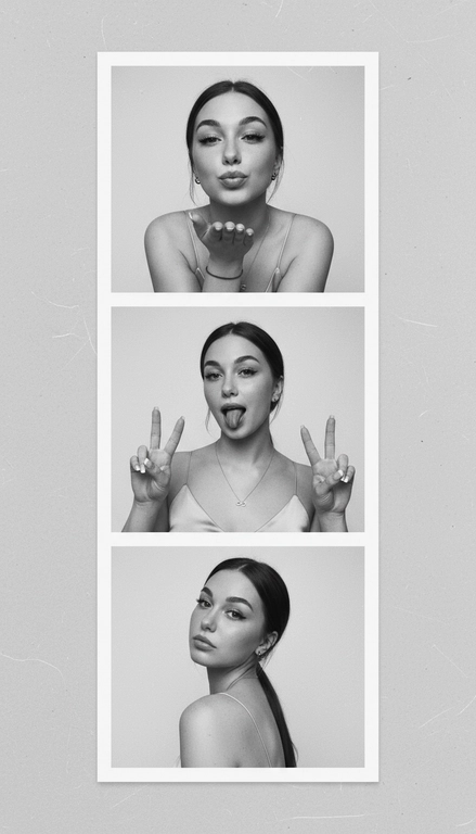  Используя мою фотографию в качестве референса для лица и волос, не изменяя исходные черты лица и сохраняя верность моим физическим характеристикам, создайте ленту из фотографий в ч/б с тремя вертикальными белыми рамками. Лента выглядит так, будто лежит на столе или фоне. Фотографии выглядят профессионально , как будто из настоящей фотобудки. 

В каждой рамке по центру расположены портрет и фотография погрудной проекции одного и того же человека. Взгляд прямо в камеру.

Общая эстетика винтажная, с лёгкой зернистостью и выцветшим качеством, напоминающая классическую аналоговую фотографию. Но при этом изображение выполнено в высоком разрешении. На светло-сером фоне видны едва заметные следы пыли и царапин. Лица человека на белом фоне. 
НЕ ИЗМЕНЯЙТЕ МОЁ ЛИЦО. На верхнем фото девушка посылает зрителю воздушный поцелуй, поднеся правую руку ко рту и слегка поджав губы. Выражение её лица игривое и дружелюбное.  На среднем фото девушка мило и игриво показывает знак мира, высунув язык. Брови слегка приподняты. На нижнем фото девушка позирует, отвернувшись к плечу, смотрит прямо в камеру с более спокойным и уверенным выражением лица. Губы мягко сжаты, взгляд прямой и чувственный. ОДЕЖДА: На ней маленькие серьги-кольца и изящное ожерелье с символом бесконечности поверх светлого атласного или шёлкового топа. На ней естественный макияж, включая глянцевый блеск для губ, лёгкую подводку для глаз и кукольные нарощенные ресницы, без излишеств. У неё квадратный французский маникюр. 
