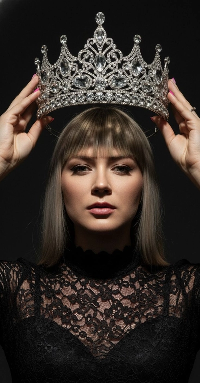 Модный портрет женщины крупным планом, стоящей прямо перед камерой, со слегка приподнятым подбородком. Она держит двумя руками почти над головой искусно выполненную корону с богатым филигранным орнаментом и крупными сверкающими драгоценными камнями. Корона находится в резком фокусе, отбрасывая тень на лицо. Освещение падает сверху, подчёркивая корону и создавая драматичный, контрастный эффект. Тёмная тень на лице усиливает ощущение таинственности и элегантности. Её платье – из тонкого чёрного кружева с высоким воротом. Фон темный, усиливая драматизм. Корона полностью хрустальная.